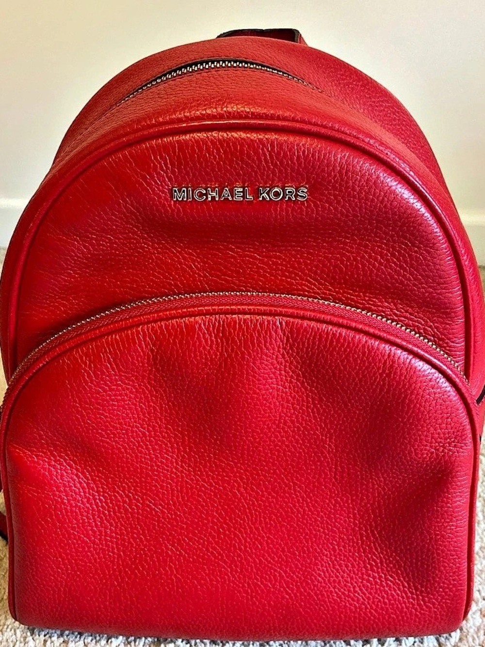 Michael Kors Rhea Zip Medium Pebbled Leather Backpack Red Leather Backpack